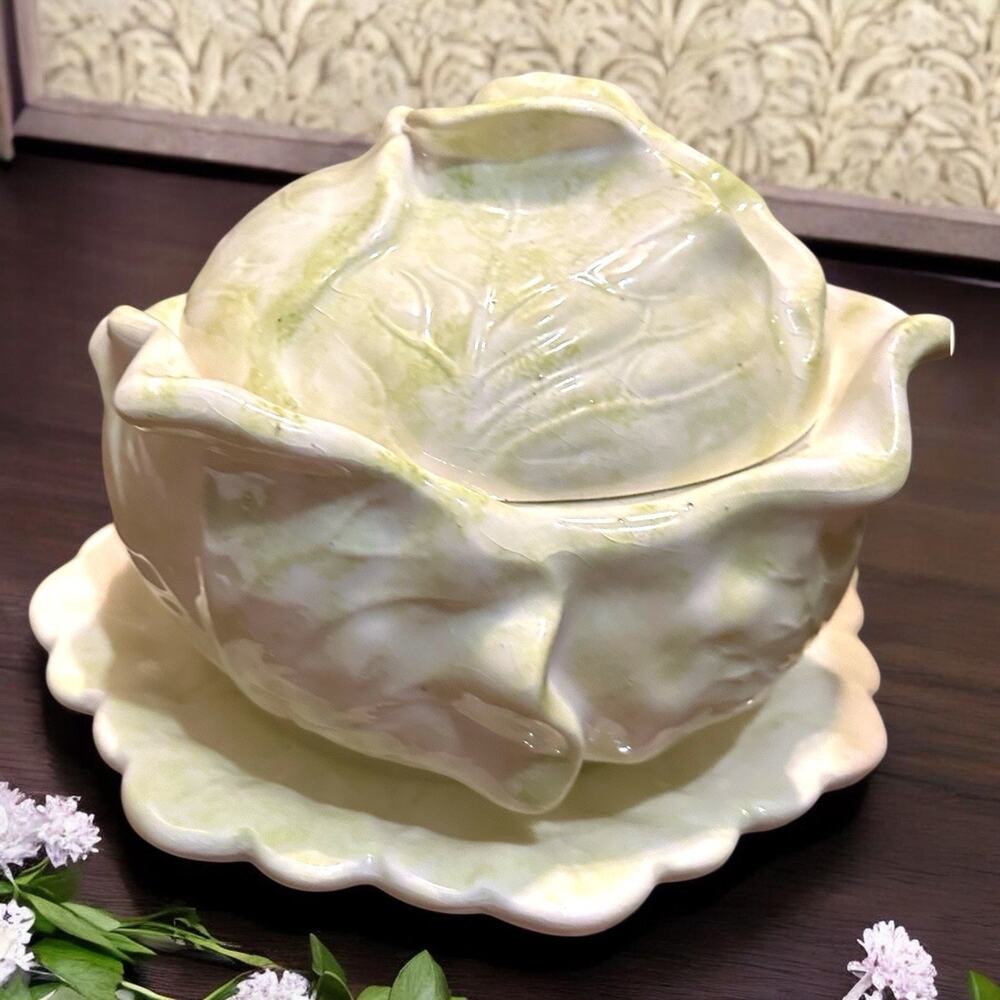 Vintage Holland Mold Light Green Cabbage Ceramic Bowl W/Lid and Plate Signed